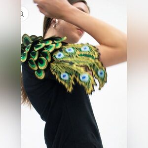 RAGYARD| Pepacock Feather-appliquéd Cotton T-shirt In Black